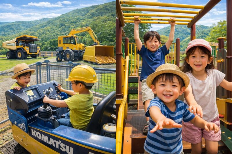 こまつの杜で建機体験をする子どもたちと、公園で遊ぶ家族と大型犬の様子