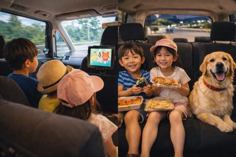 帰り道の車内でiPadを見たり、車内で食事をする子どもたちと大型犬の様子