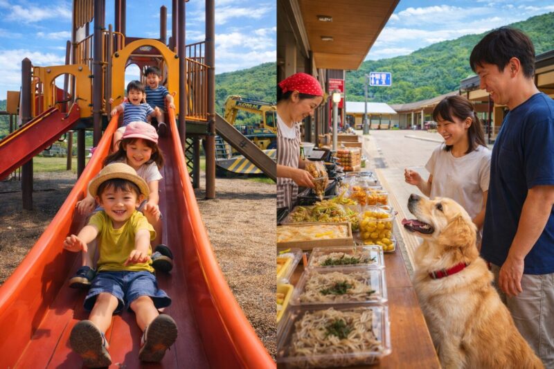 道の駅南えちぜん山海里の公園で子どもたちが遊び、家族と大型犬が過ごす様子