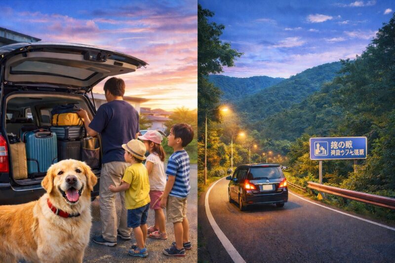 仕事終わりに荷物を積み込み、家族と大型犬で車中泊旅行に出発する様子