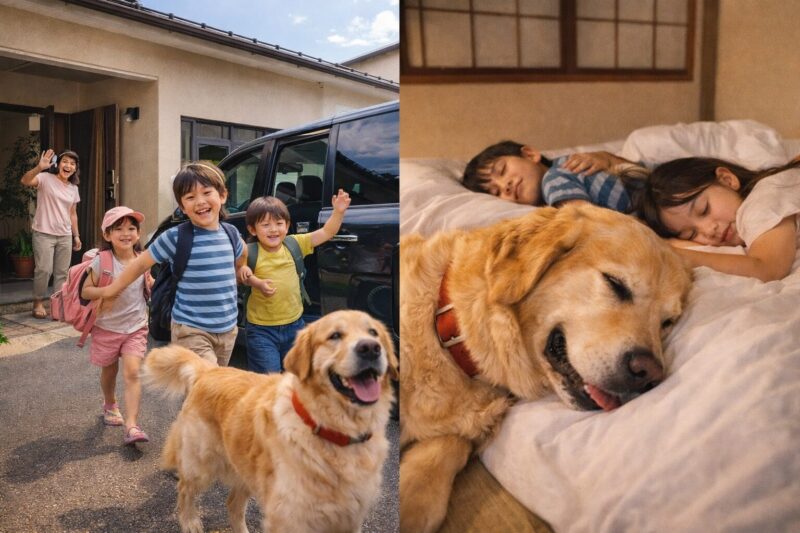 大江戸温泉物語わんわんリゾート粟津で、家族と大型犬が食事と施設を楽しむ様子